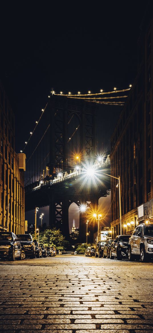 night city, street, bridge, cars, parking