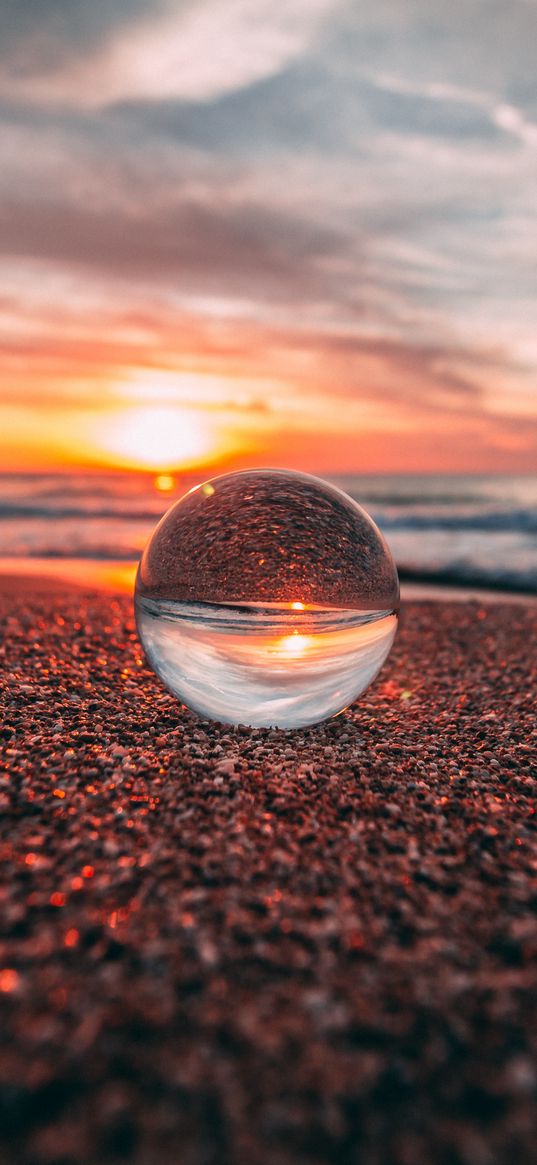 ball, glass, reflection, sea, sunset, shore