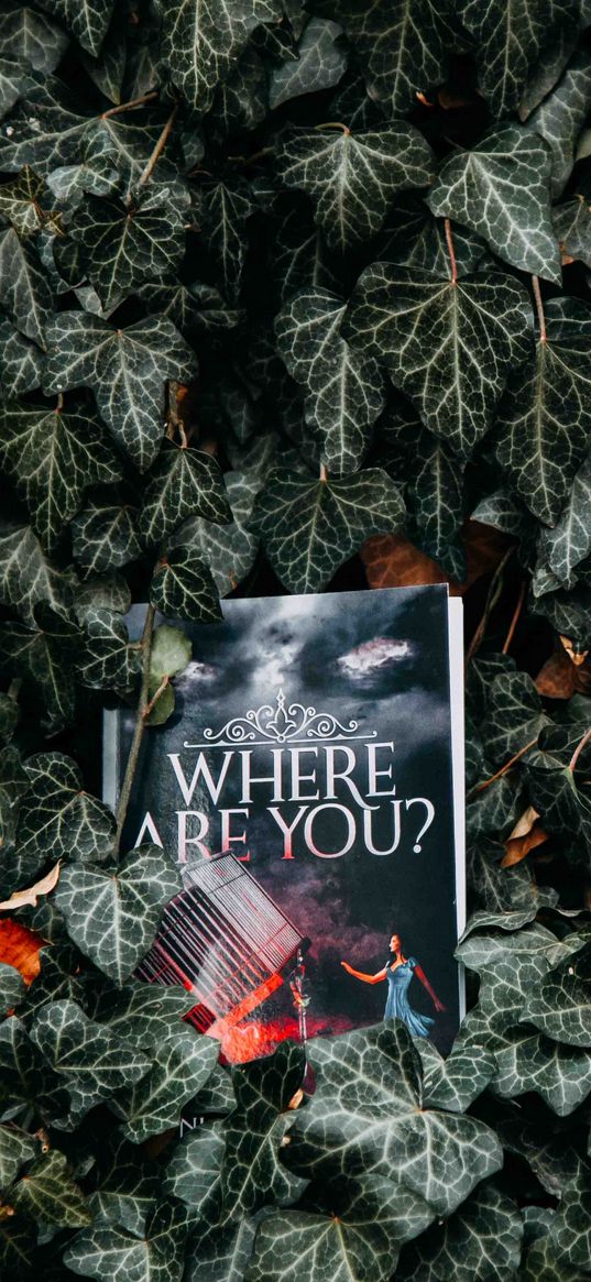 book, leaves, reading, inscription, bushes