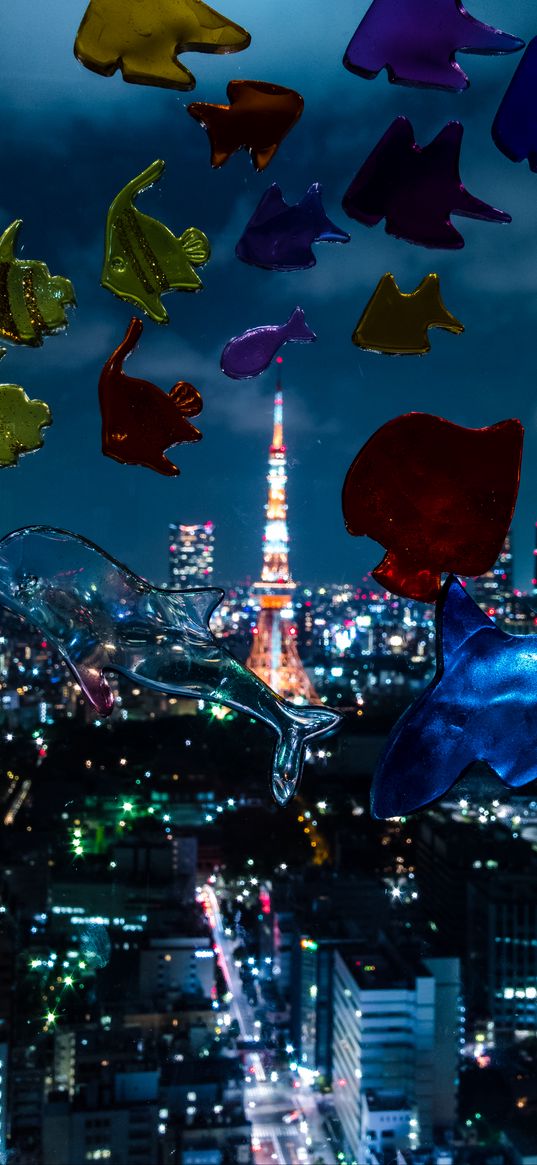 tower, night city, overview, window, fish, tokyo, japan