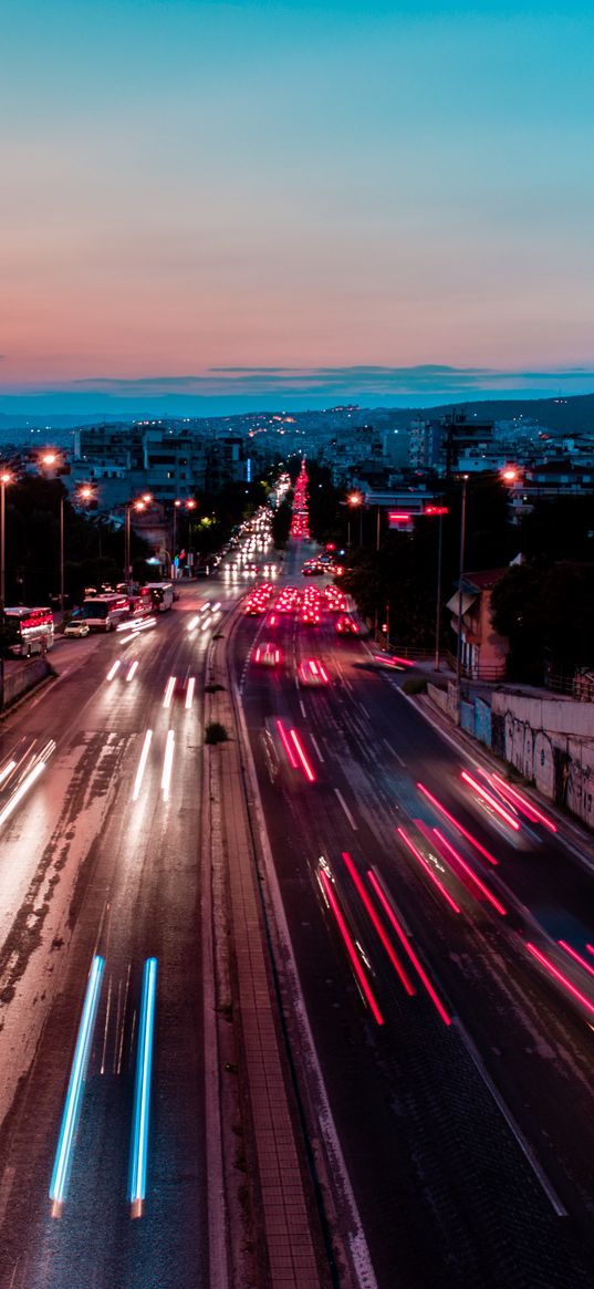 avenue, city, movement, evening, lights, long exposure