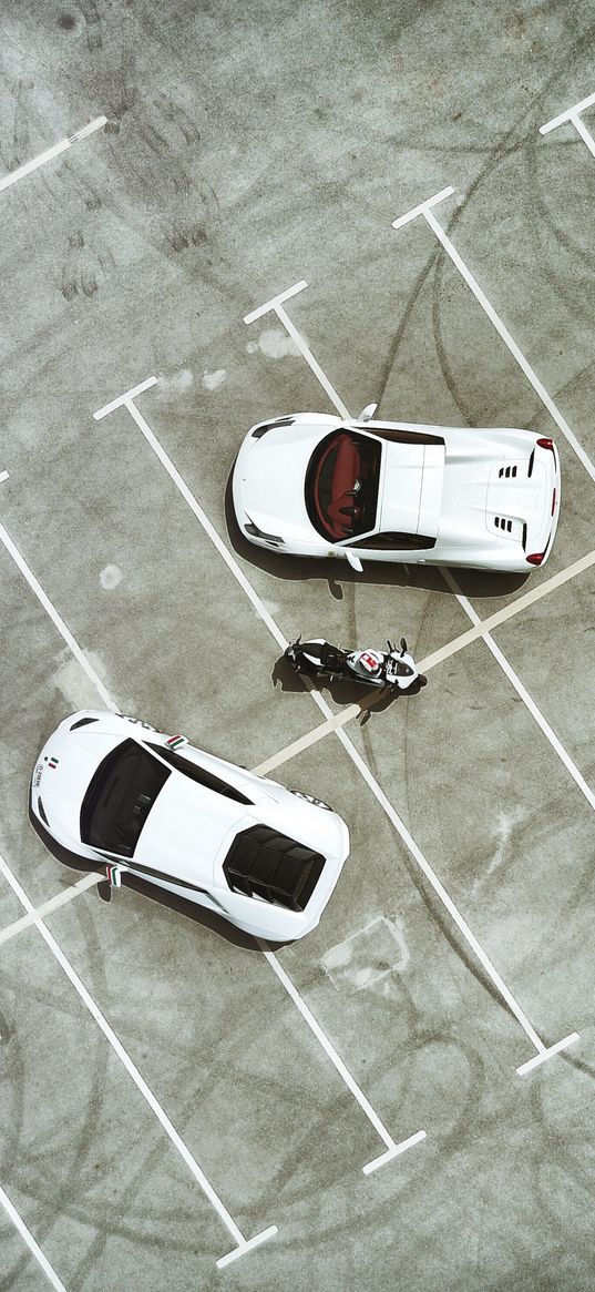 parking, cars, motorcycle, top view, lamborghini, ferrari, ducati