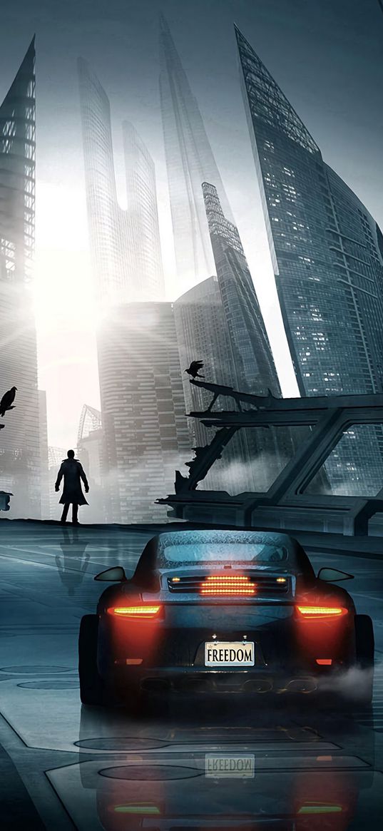 car, sports car, silhouette, city, cyberpunk, futurism