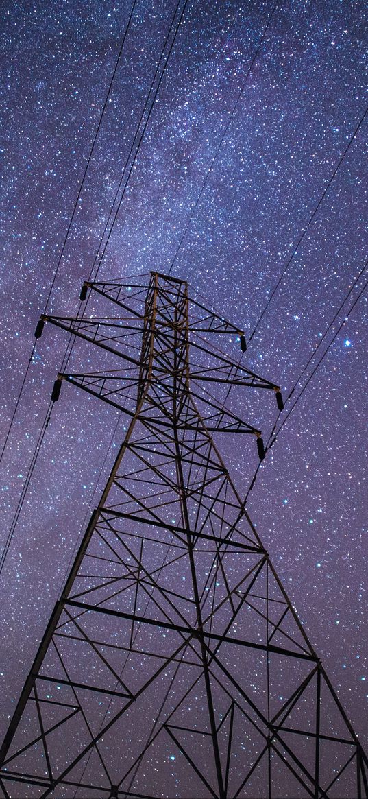 electrical tower, high-voltage, starry sky, wires, electricity, voltage, night