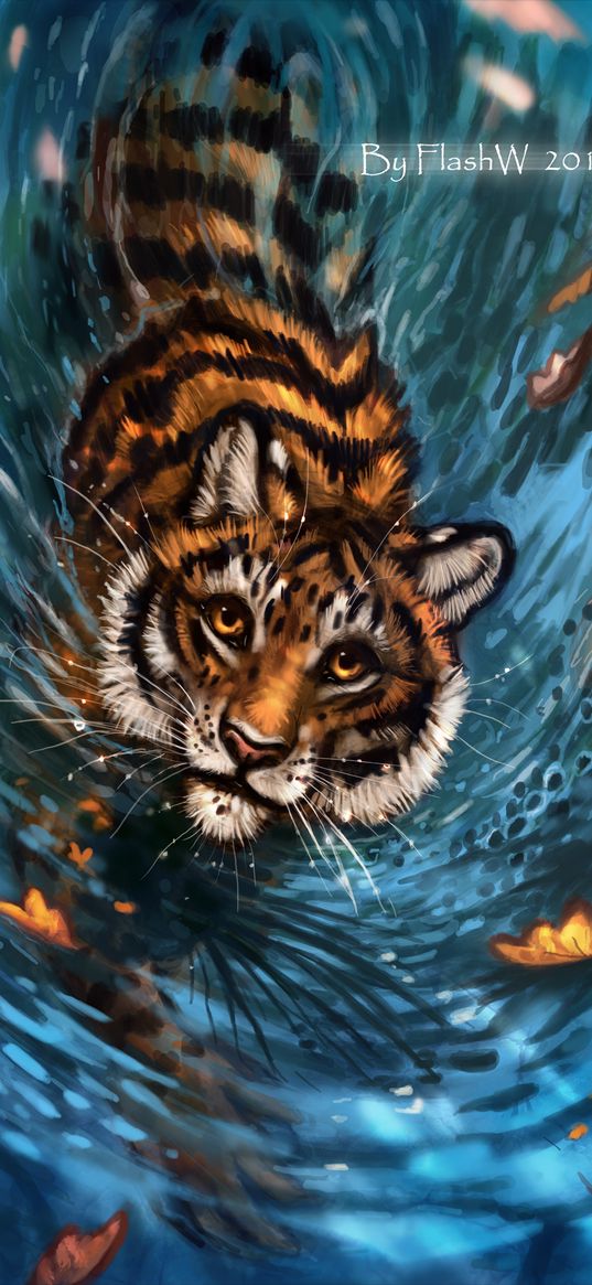 tiger, water, leaves, floats, art