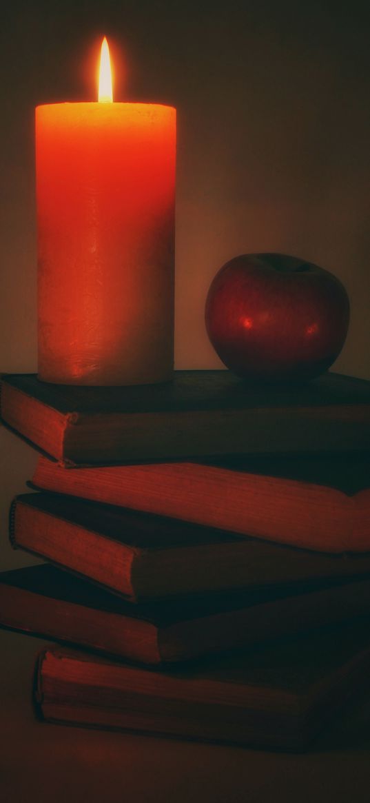 books, candle, apple, stack, lit, lighting