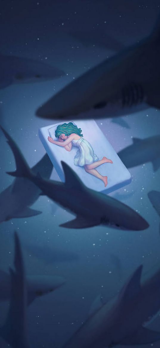 dream, underwater world, sharks, girl, art