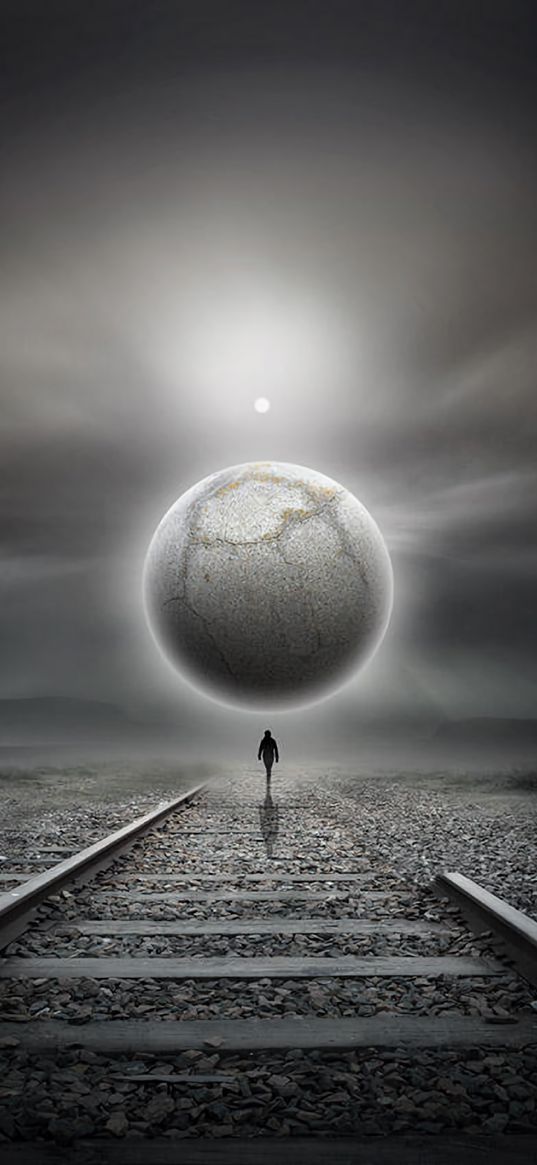 railway, silhouette, loneliness, art, planet, futurism, surrealism