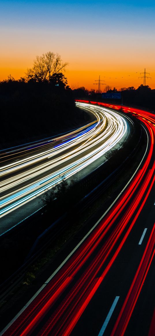 road, turn, backlight, movement, evening, twilight, long exposure