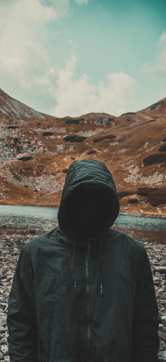 man, hood, mountains, faceless, black, river