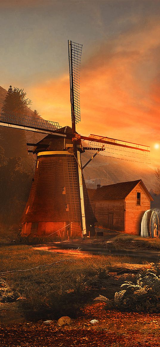 mill, forest, art, sunset, fabulous