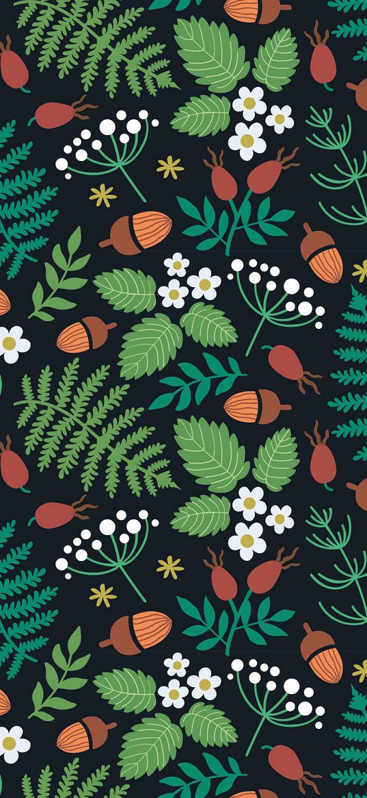 pattern, forest, motif, leaves, berries, acorns, strawberries