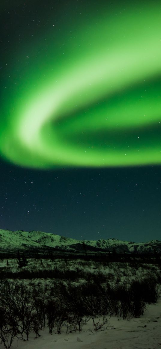 northern lights, mountains, night, starry sky, green, north