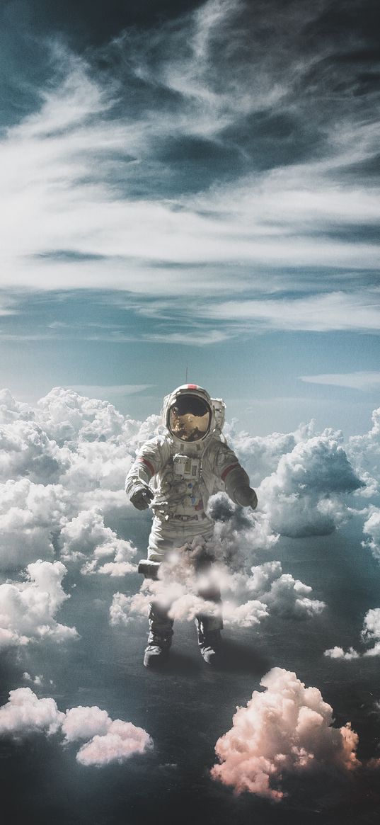 astronaut, cosmonaut, space suit, clouds, sky, photoshop