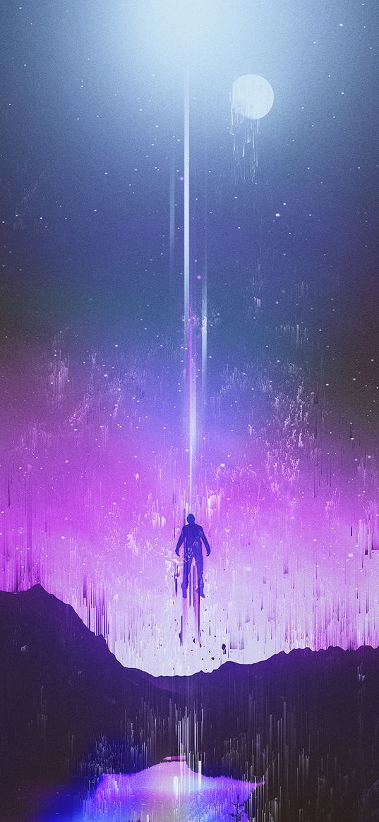 silhouette, levitation, glitch, mountains, night