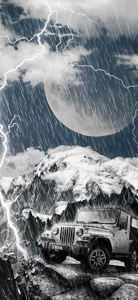 suv, mountains, planet, lightning, photoshop