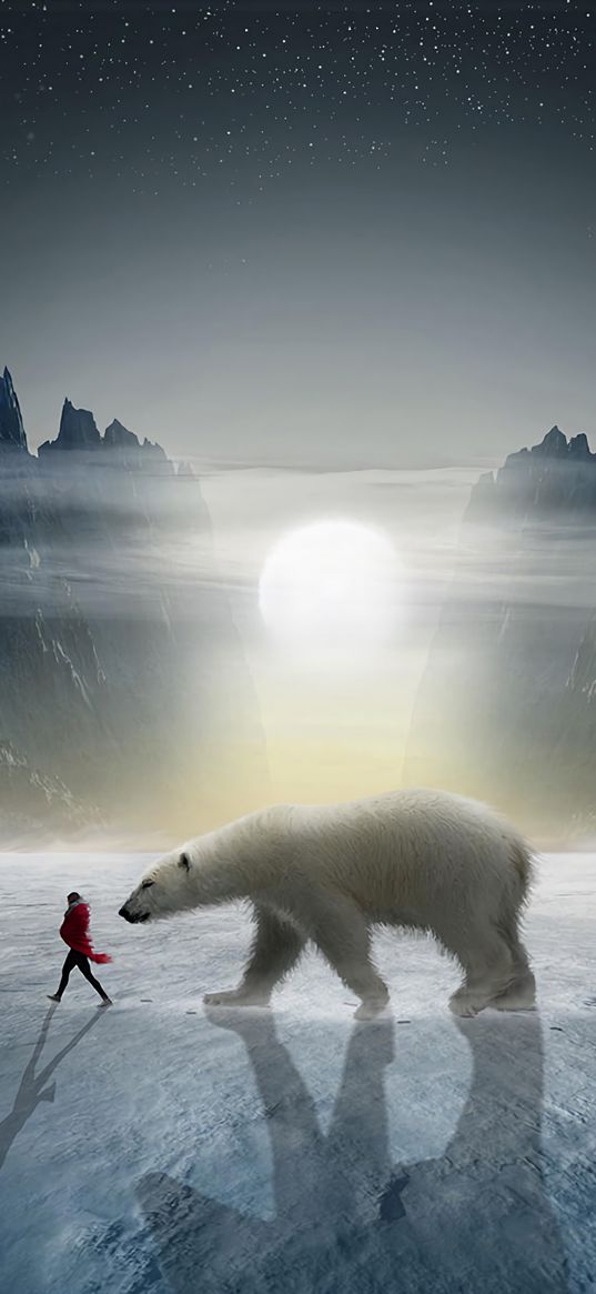 girl, bear, snow, mountains, polar, friend, photoshop