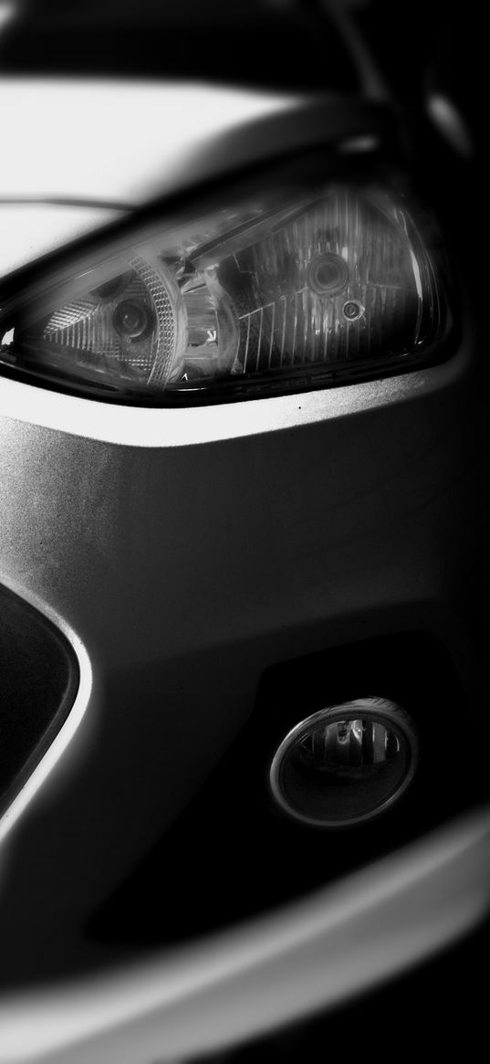 car, headlights, bumper, close-up, bw