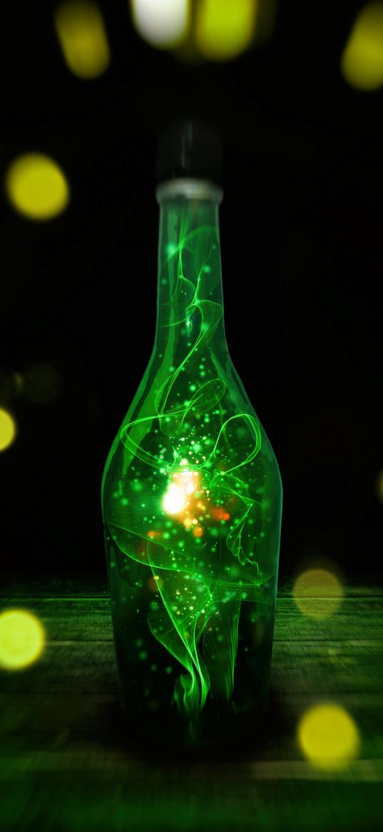 bottle, magic, green, lights, inside