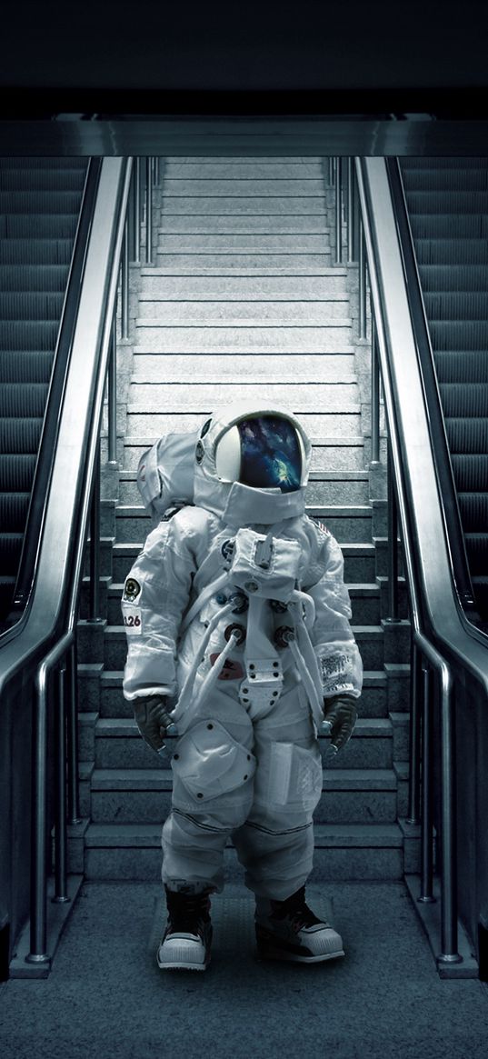 astronaut, cosmonaut, spacesuit, escalator, stairs