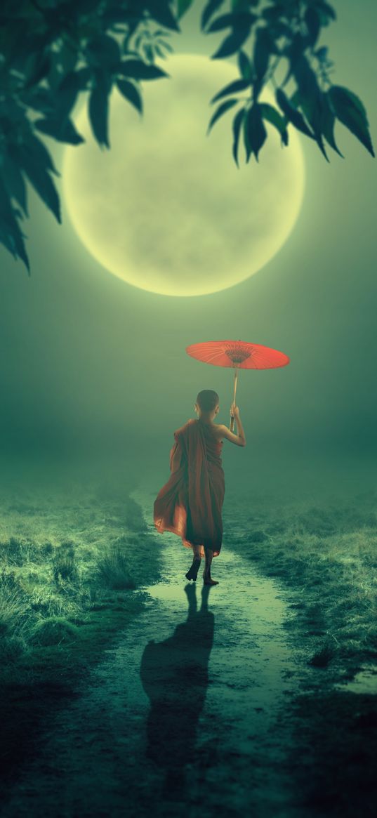 boy, monk, fog, moon, child, umbrella, buddhism