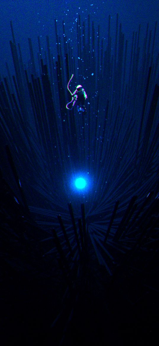 scuba diver, levitation, dark, shine, space