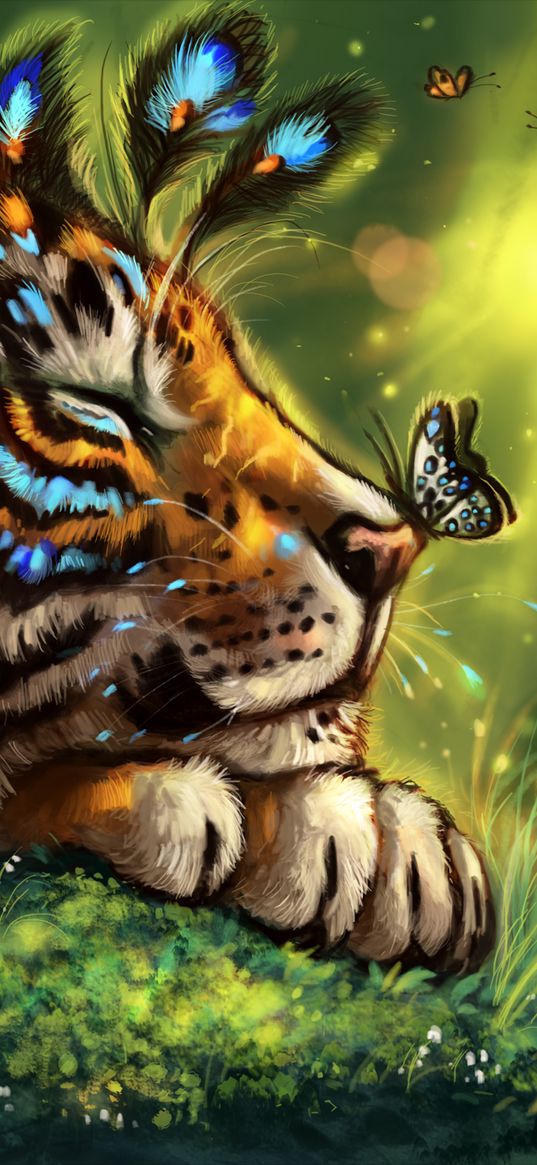 tiger, art, butterfly, muzzle, dream, fabulous