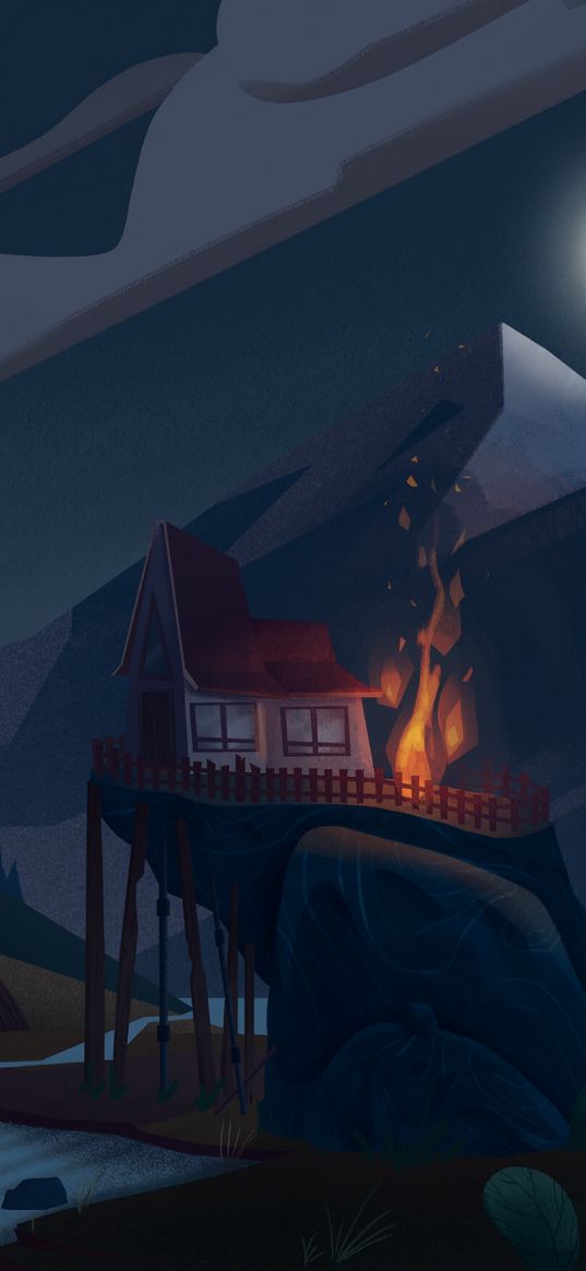 house, hill, art, mountains, night, bonfire