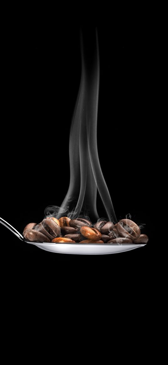 coffee, coffee beans, spoon, steam