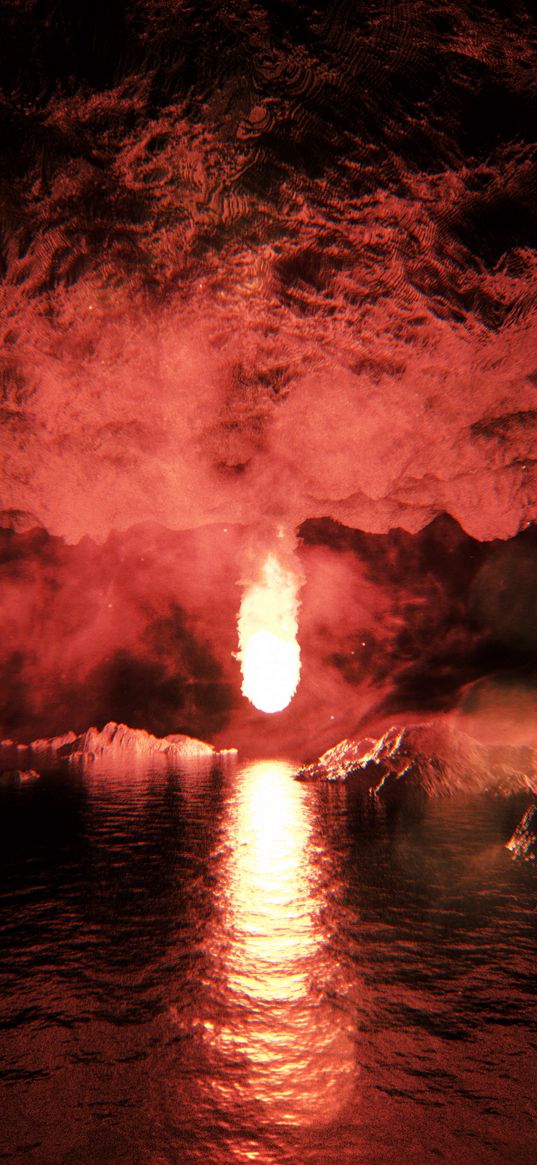 cave, water, light, bright, underground