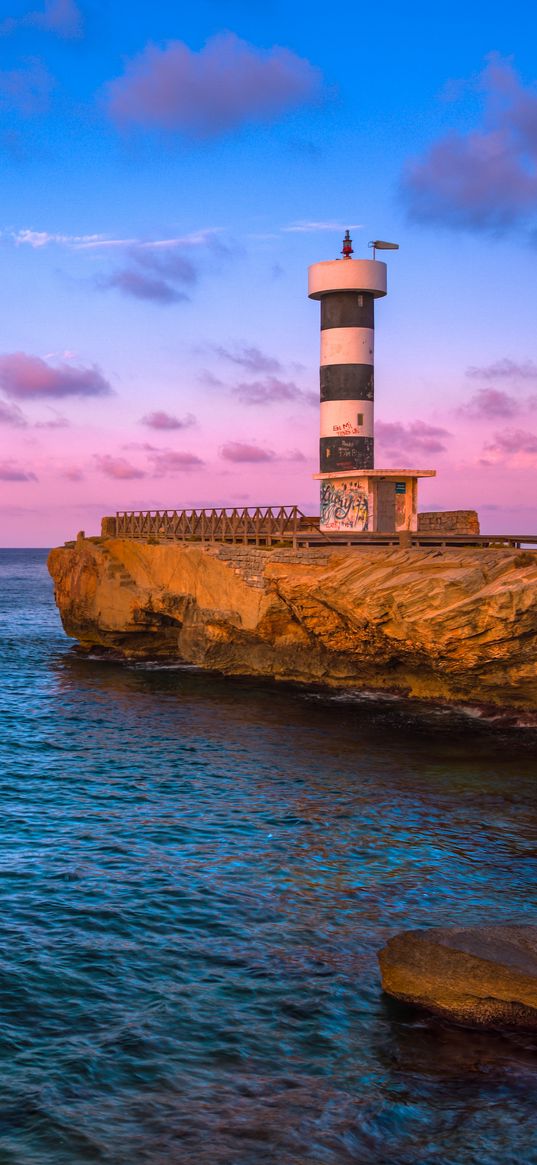 lighthouse, bay, sea, rocks, sunrise, spain