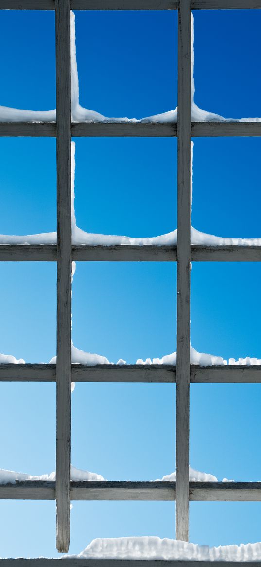 gridded, lattice, window, snow, sky