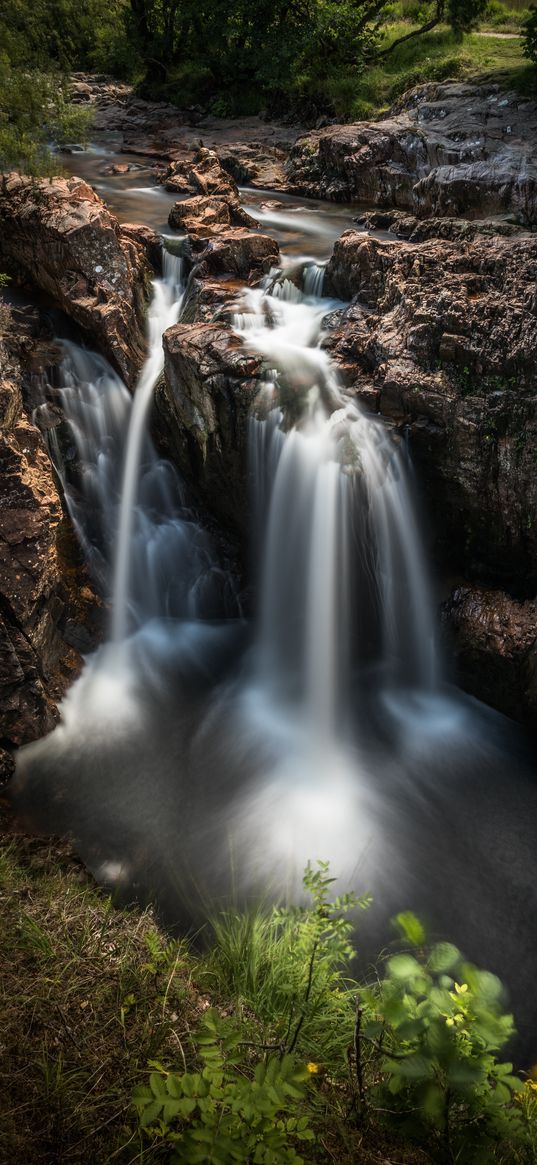 waterfall, stones, breakage, flow, grass