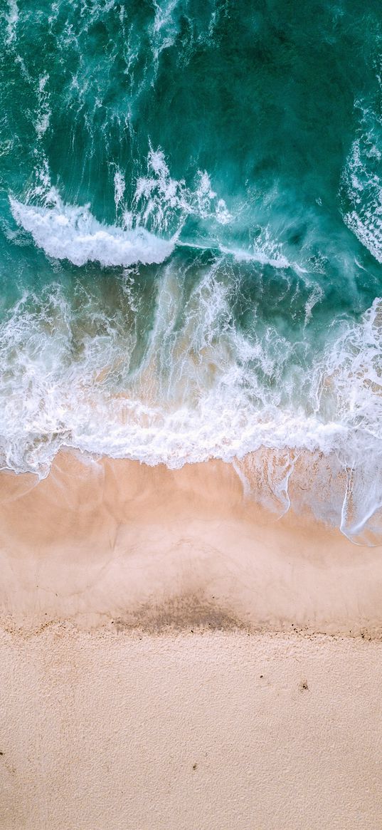 ocean, aerial view, surf, waves, foam, sand