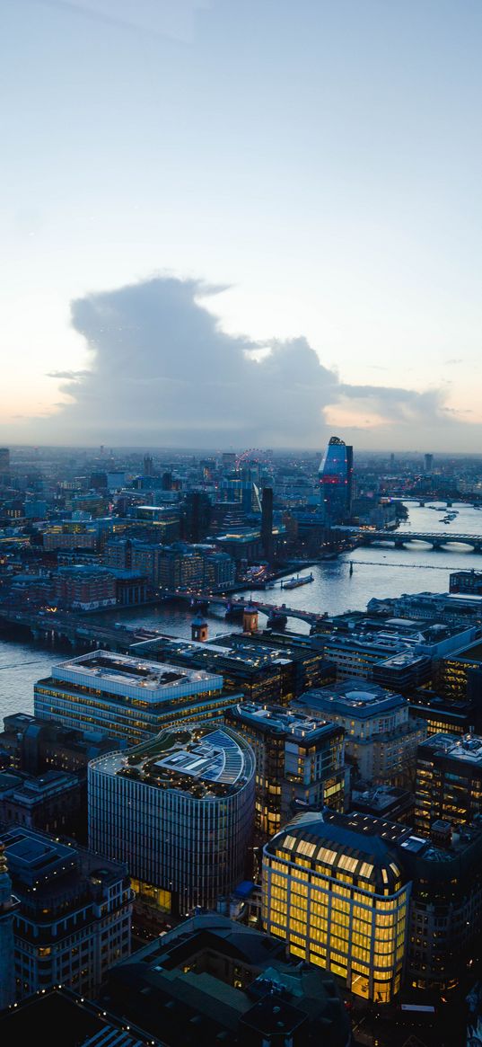 night city, dawn, aerial view, city lights