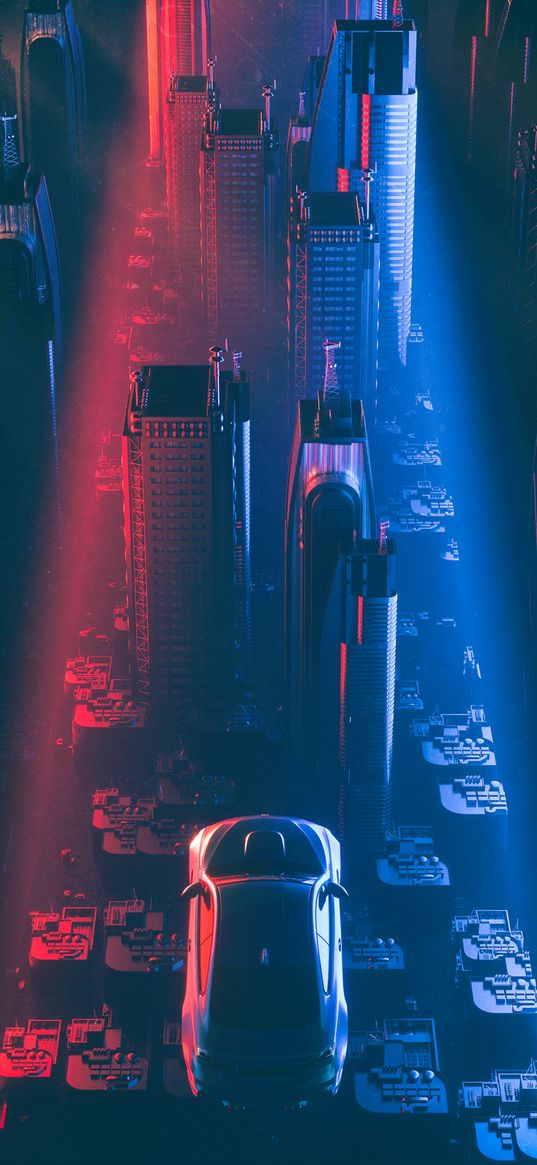 city, car, flight, skyscrapers, futurism, cyberpunk, sci-fi