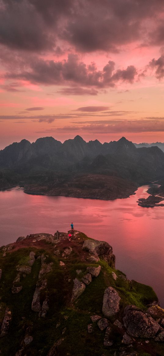 mountains, lake, sunset, aerial view, sky, peaks