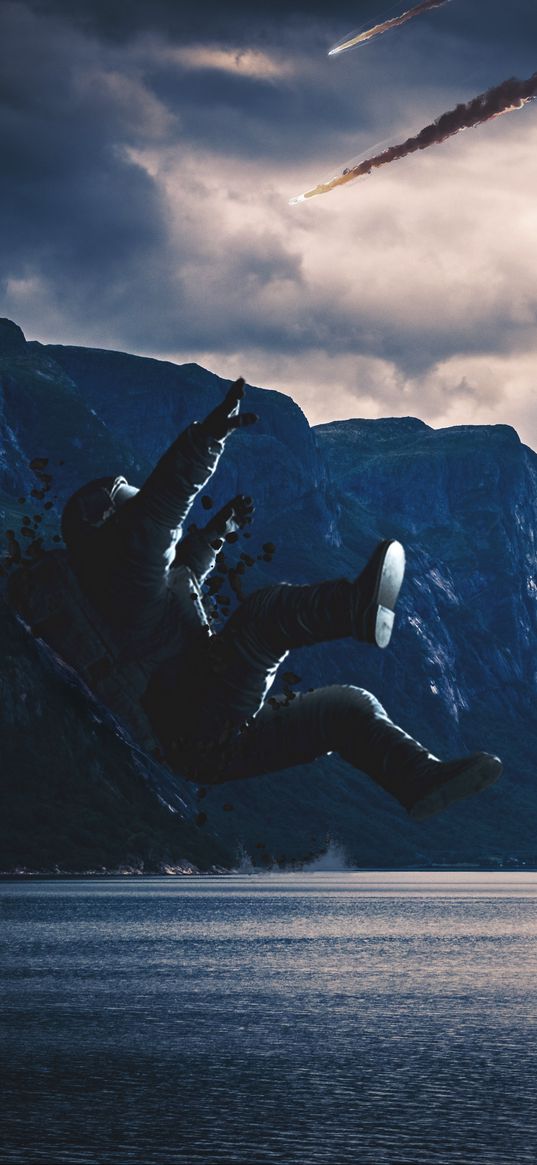 astronaut, cosmonaut, space suit, fall, photoshop, lake, mountains, dark