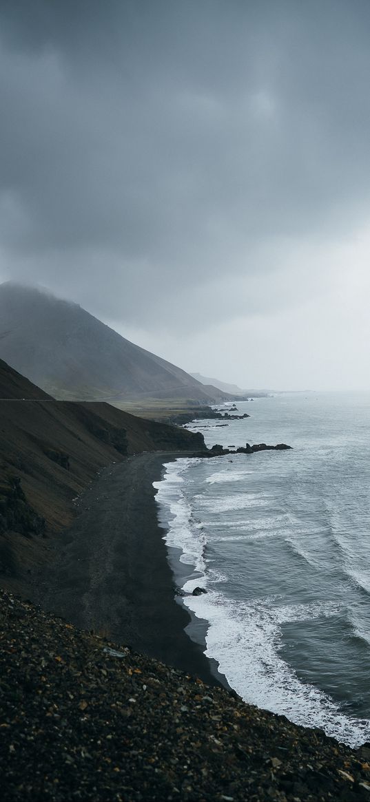 ocean, fog, sea, rocks, stones, pebbles