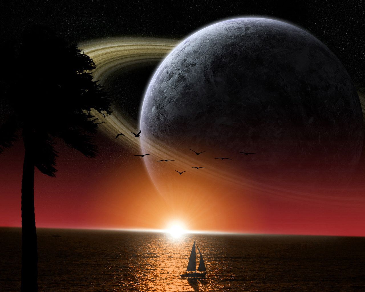 ship, sea, saturn, sun, space