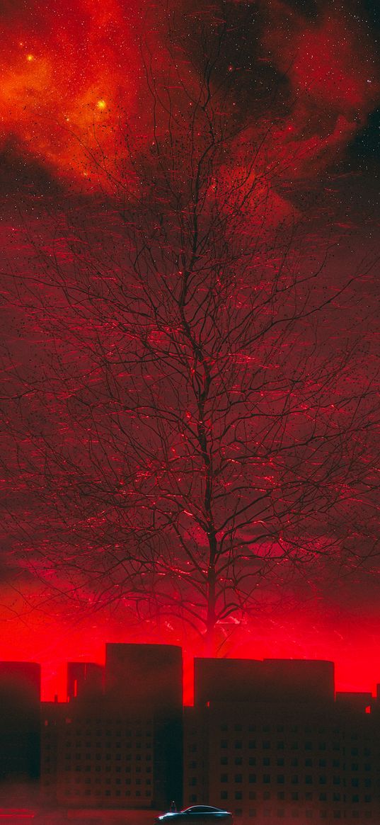 car, tree, art, red, futurism, sci-fi