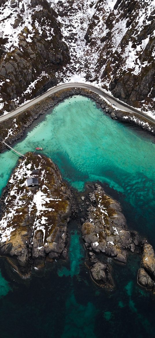 mountains, aerial view, lake, snowy, peaks