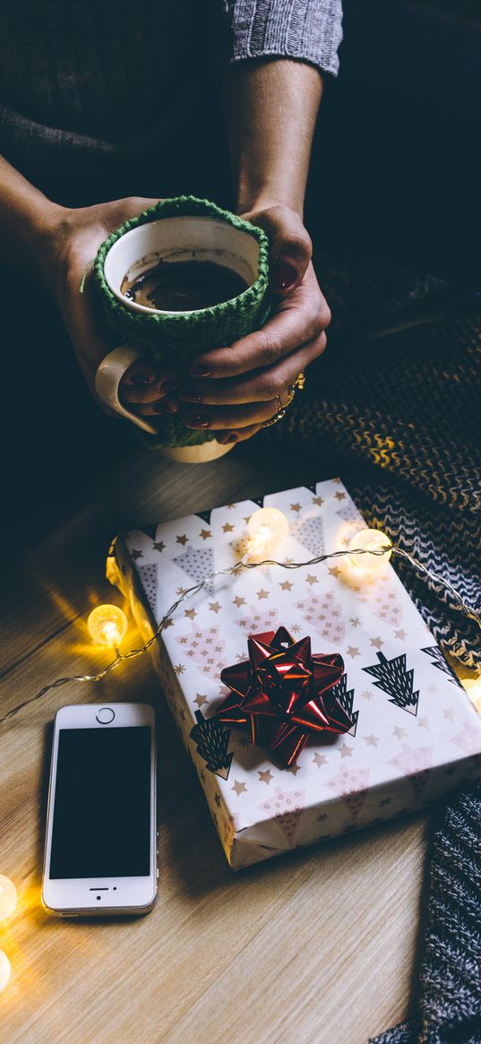 coffee, gift, hands, christmas, new year, smartphone, holiday