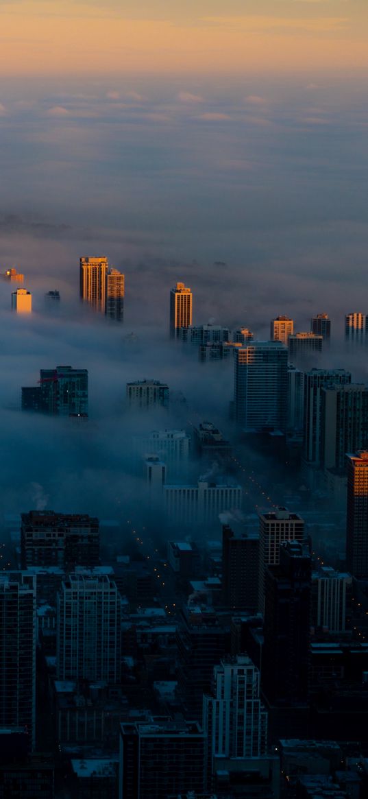 night city, clouds, aerial view, fog, skyscrapers