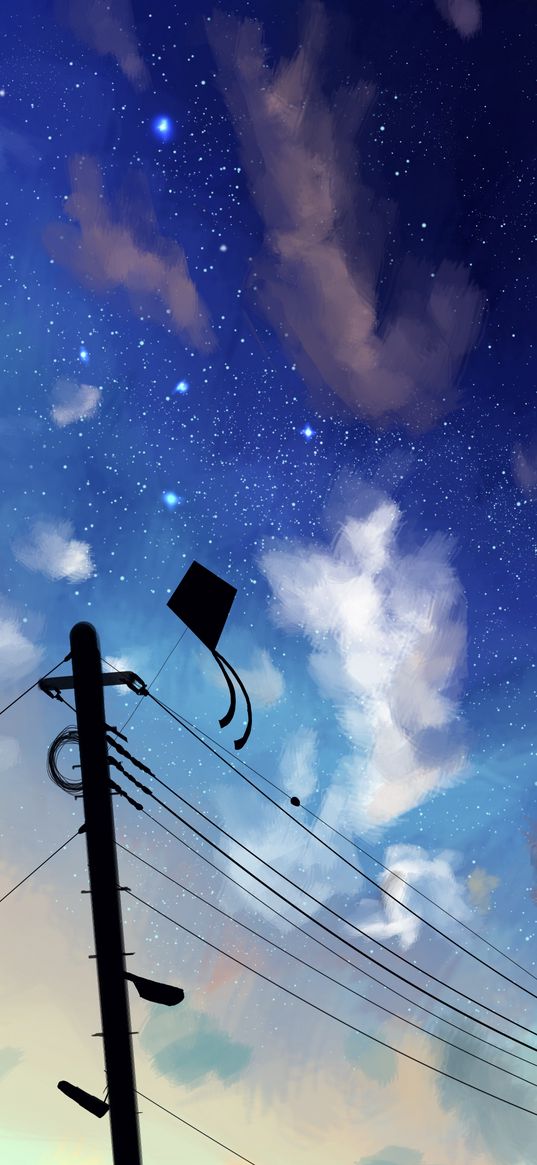 kite, wires, night, sky, clouds