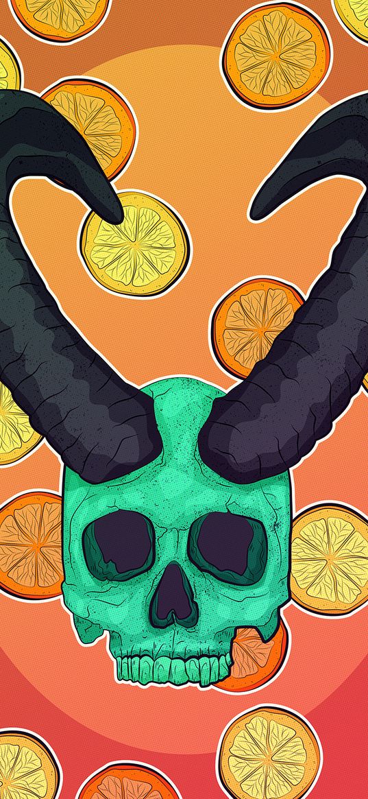 skull, horns, sticker, oranges, texture, vector