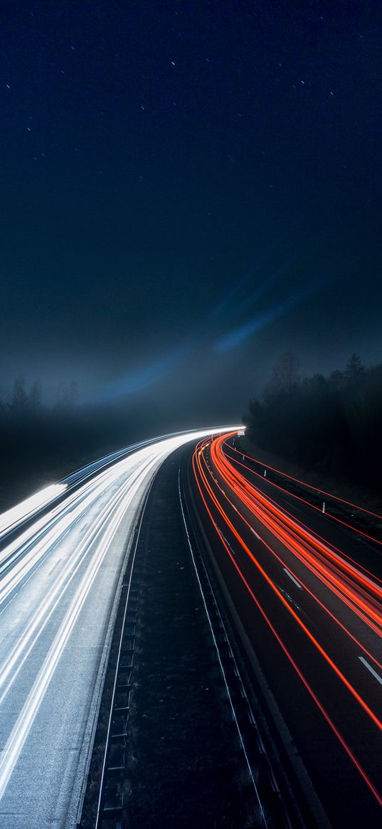 road, backlight, long exposure, movement, turn, night