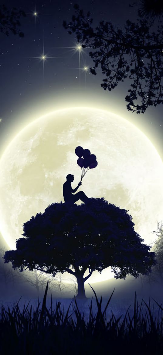 silhouette, balloons, moon, full moon, tree, art