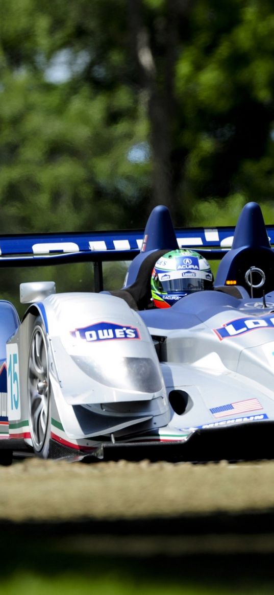 acura, arx-01, bolide, white, blue, front view, track, sports, traffic, trees, car