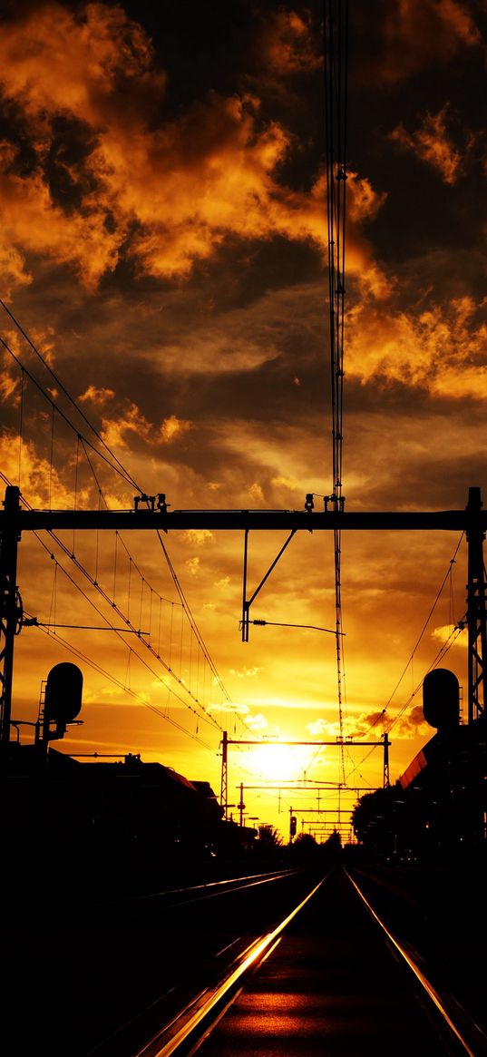 railway, sunset, clouds, station, wires, traffic lights